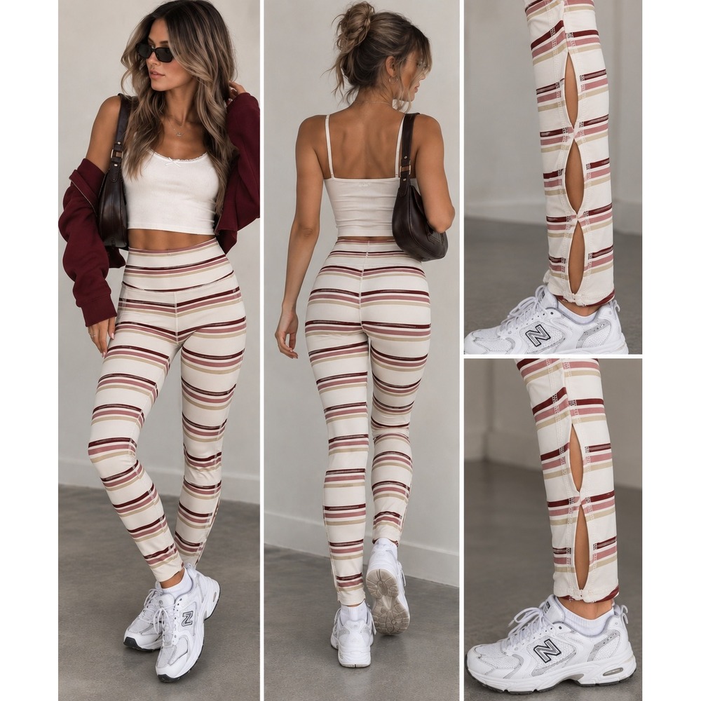 FP Movement Free People Striped High Rise Leggings Cream Burgundy XS/TP